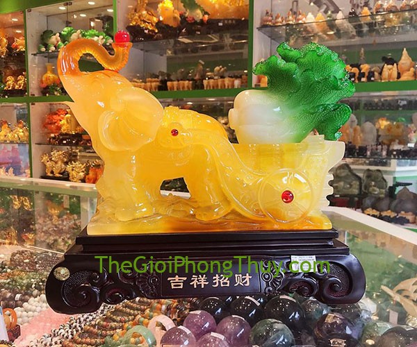 Voi ngọc vàng kéo xe vàng bắp cải – Cát tường chiêu tài hút tài lộc, may mắn