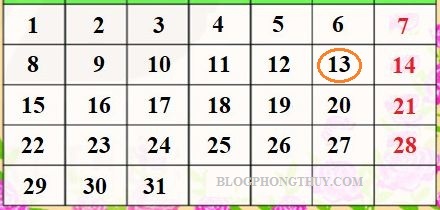LỊCH DƯƠNG 31 NGÀY N13