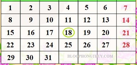 LỊCH DƯƠNG 31 NGÀY N18