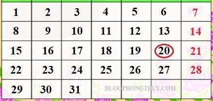 LỊCH DƯƠNG 31 NGÀY N20