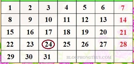 LỊCH DƯƠNG 31 NGÀY N24