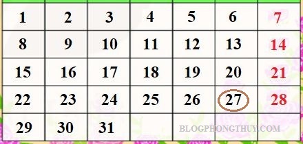 LỊCH DƯƠNG 31 NGÀY N27